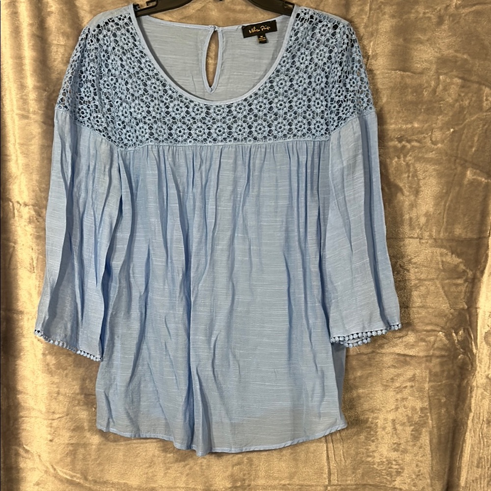 Melissa Paige Blue Lace Embellished Blouse Lightweight